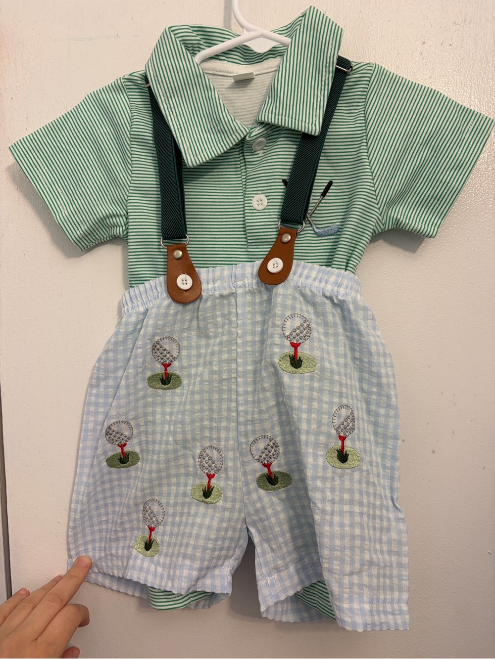Baby golf outfit Green Striped Polo Romper with Light Blue Embroidered Shorts
